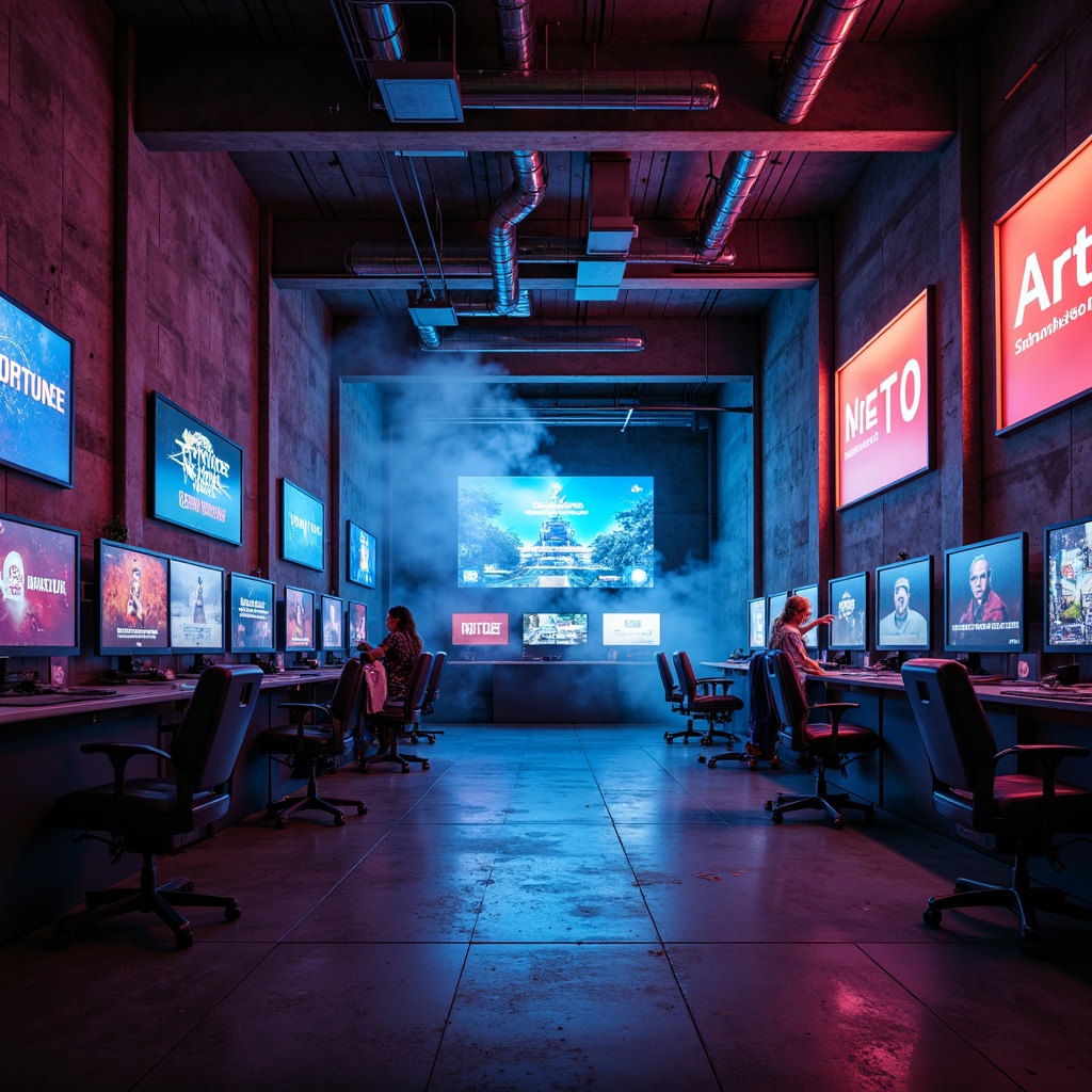 Prompt: Moody game room, brutalist architecture, raw concrete walls, exposed ductwork, industrial metal beams, neon-lit signage, futuristic LED lights, dimmable ambient lighting, high-contrast color scheme, dark wood accents, metallic furniture, sleek gaming stations, massive screens, immersive sound systems, atmospheric fog effects, dramatic shadows, 1/2 composition, low-key lighting, cinematic feel, realistic textures, advanced particle simulations.