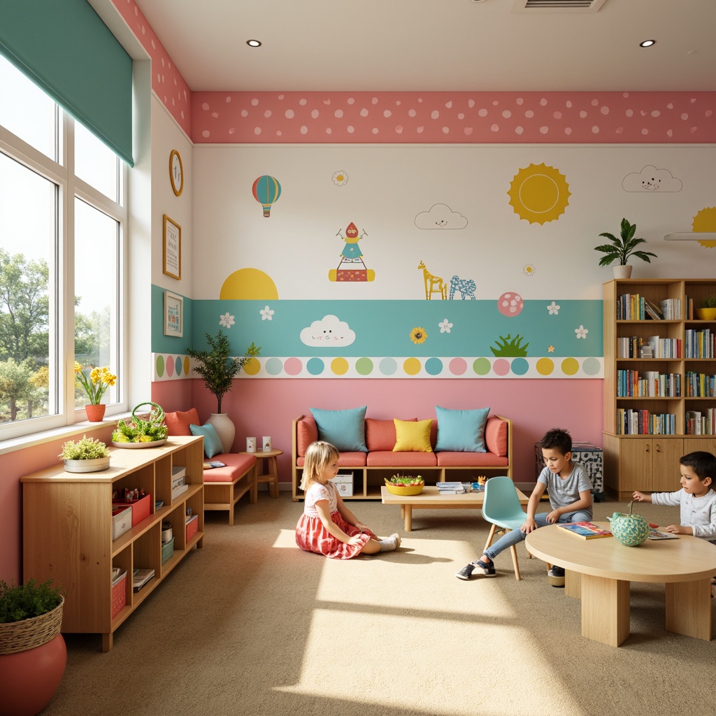 Prompt: Vibrant kindergarten classroom, bright primary colors, soft pastel shades, playful polka dots, fun stripes, whimsical illustrations, educational wall decals, wooden furniture, cozy reading nook, natural light pouring in, warm beige carpeting, cheerful flower arrangements, colorful storage bins, interactive display shelves, engaging learning materials, gentle gradient backgrounds, 1/2 composition, soft focus, warm lighting effects, realistic textures.