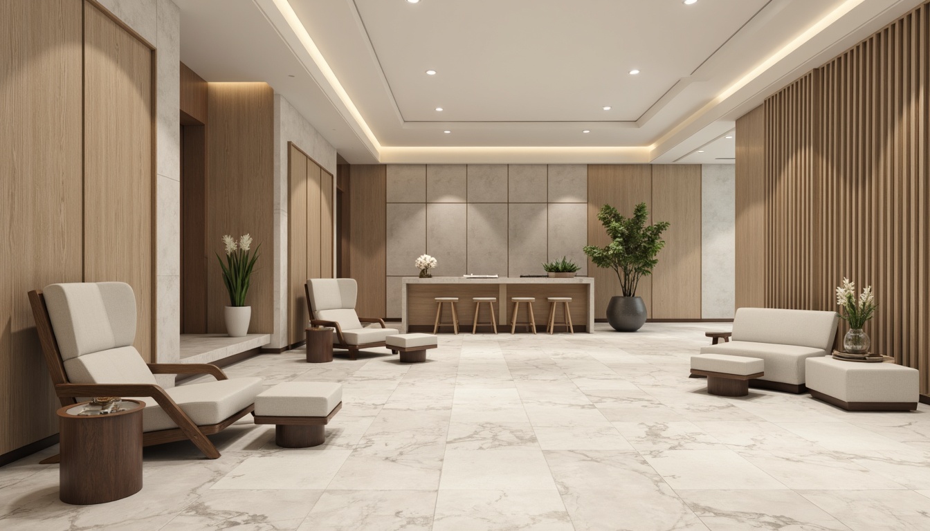 Prompt: Monochromatic hotel lobby, sleek marble floors, minimalist furniture, neutral tone walls, soft ambient lighting, warm beige accents, calm atmosphere, elegant simplicity, natural wood tones, subtle texture variations, modern sophistication, serene ambiance, shallow depth of field, 1/1 composition, realistic rendering, subtle color gradations.