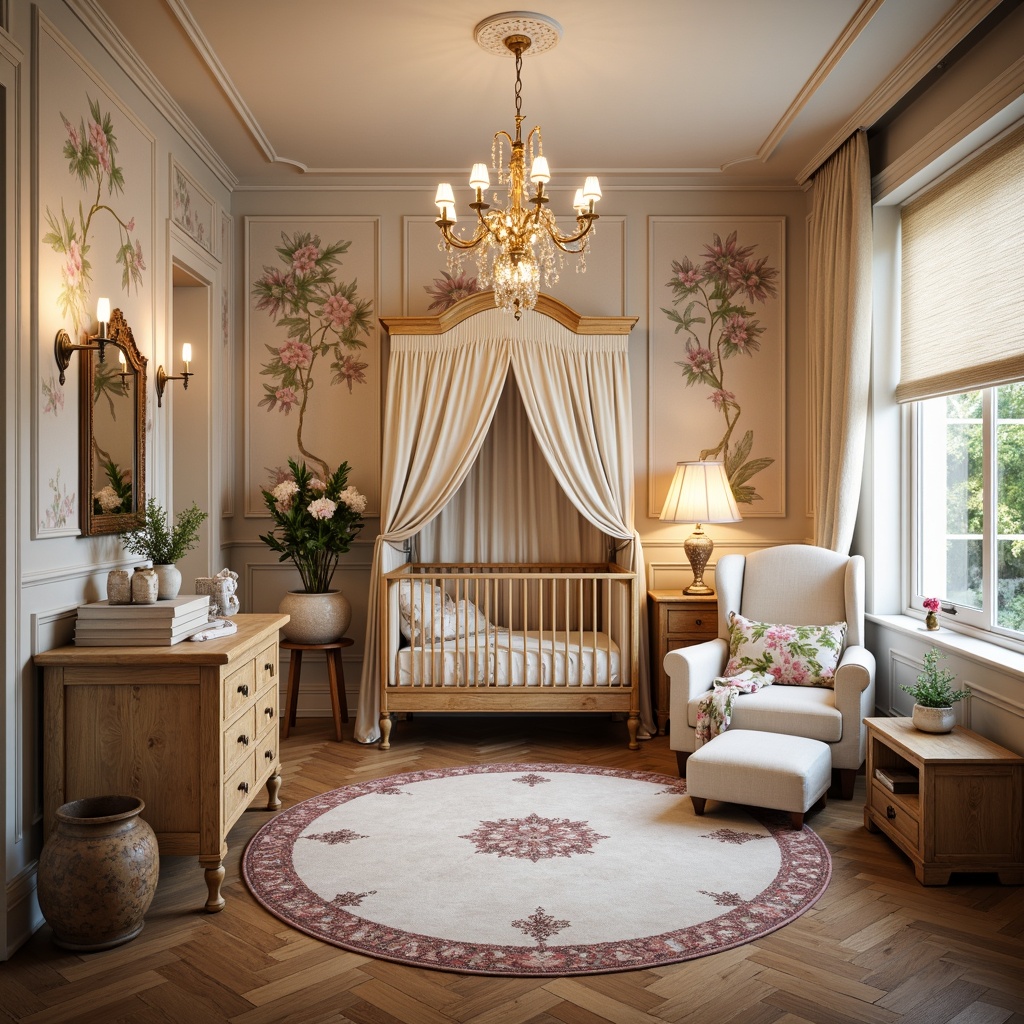 Prompt: Renaissance-style nursery, soft warm lighting, elegant chandeliers, ornate furnishings, luxurious fabrics, rich wood tones, vintage-inspired accessories, distressed finishes, antique hardware, floral patterns, pastel color palette, hardwood floors, hand-scraped textures, herringbone parquet, soft area rugs, plush carpets, kid-friendly durability, stain-resistant treatments, easy-to-clean surfaces, rounded furniture edges, whimsical wall murals, fairy-tale illustrations, storybook characters, warm beige tones, creamy whites, soft pinks, gentle blues.