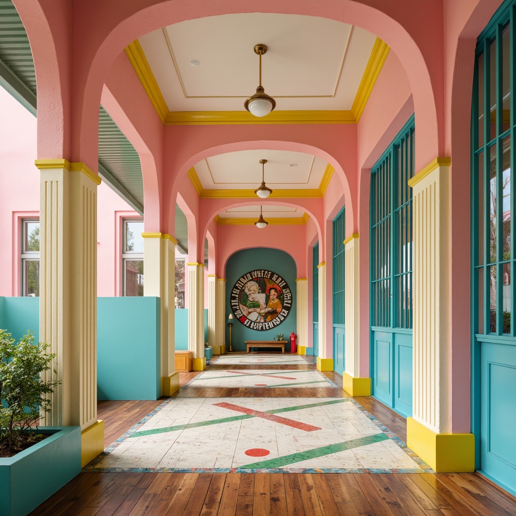 Prompt: Vibrant elementary school, Art Deco style, pastel colors, soft pink walls, bright yellow accents, turquoise blue doors, creamy white columns, ornate metal details, geometric patterns, bold typography, playful murals, colorful ceramic tiles, wooden floors, natural light, shallow depth of field, 1/2 composition, symmetrical framing, realistic textures, ambient occlusion.