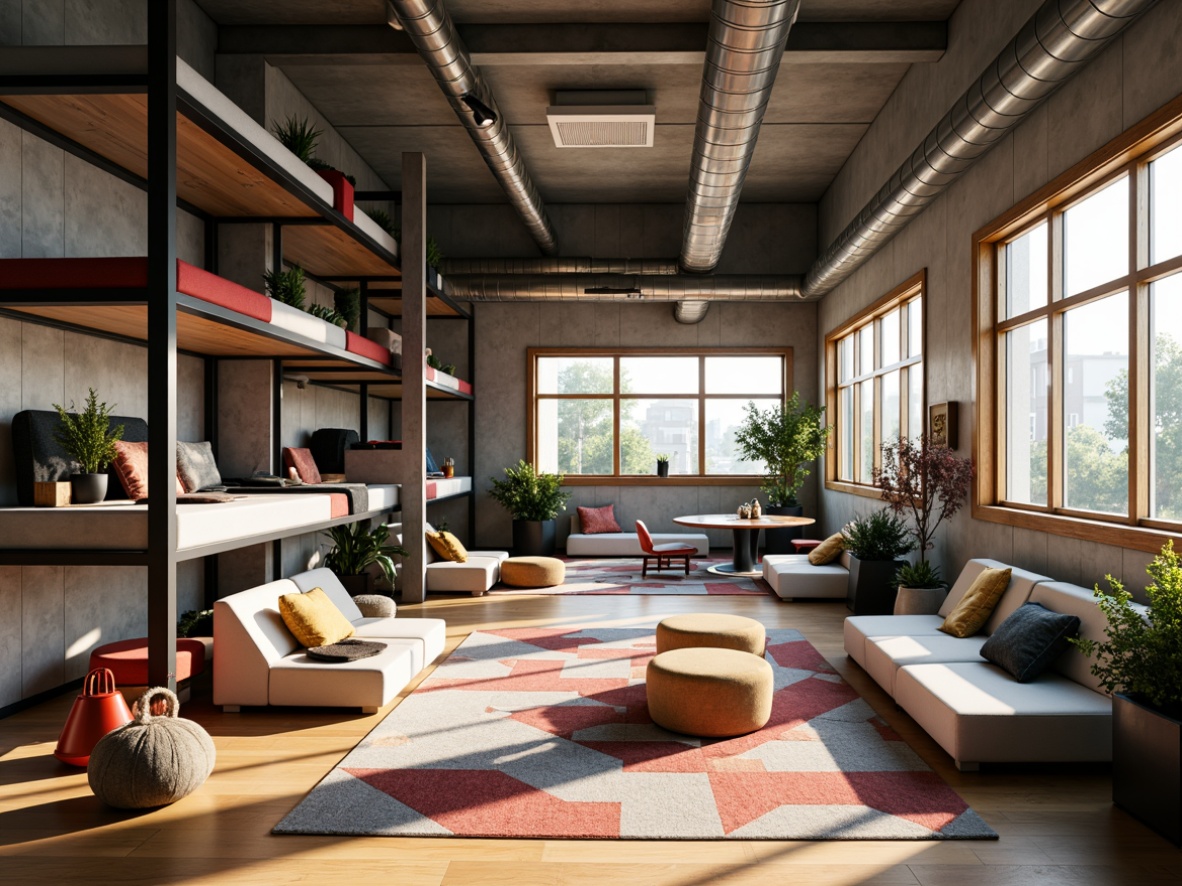 Prompt: Modern dormitory, sleek metal frames, minimalist decor, industrial-chic concrete walls, polished wooden floors, vibrant accent colors, geometric patterned rugs, Scandinavian-inspired furniture, cozy reading nooks, floor-to-ceiling windows, natural light pouring in, soft warm glow, 1/1 composition, shallow depth of field, realistic textures, ambient occlusion.