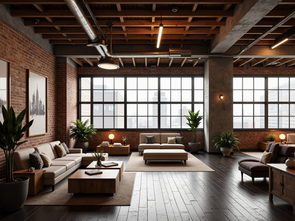 Prompt: Industrial chic loft space, exposed brick walls, wooden beam ceilings, metal piping, reclaimed wood floors, minimalist decor, urban city views, natural light pouring in, airy atmosphere, comfortable lounge seating, modern art pieces, eclectic furniture, Edison bulb lighting, concrete columns, steel windows, distressed textures, warm color palette, shallow depth of field, 2/3 composition, realistic rendering.