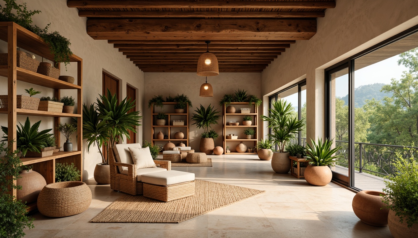 Prompt: Tropical storage room, reclaimed wood shelving units, woven rattan baskets, natural jute rugs, earthy terracotta pots, lush greenery, exotic plants, warm beige walls, wooden ceiling beams, large windows, sliding glass doors, soft diffused lighting, 1/1 composition, shallow depth of field, realistic textures, ambient occlusion.