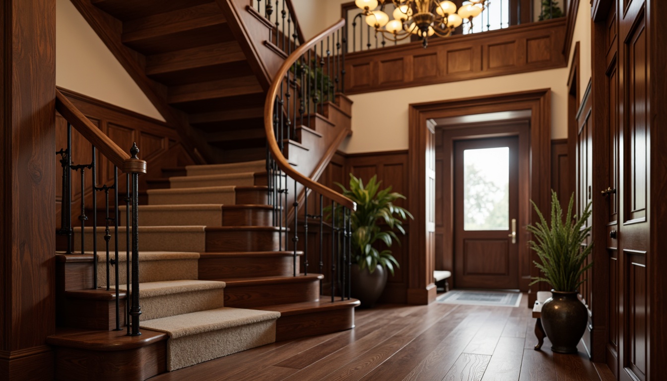 Prompt: Luxurious staircase, polished wooden handrail, ornate metal balusters, soft carpeted steps, elegant curved design, grand entrance hall, high ceiling, chandelier lighting, classic traditional style, rich walnut wood tone, intricate carvings, decorative moldings, subtle warm glow, shallow depth of field, 1/2 composition, realistic textures, ambient occlusion.