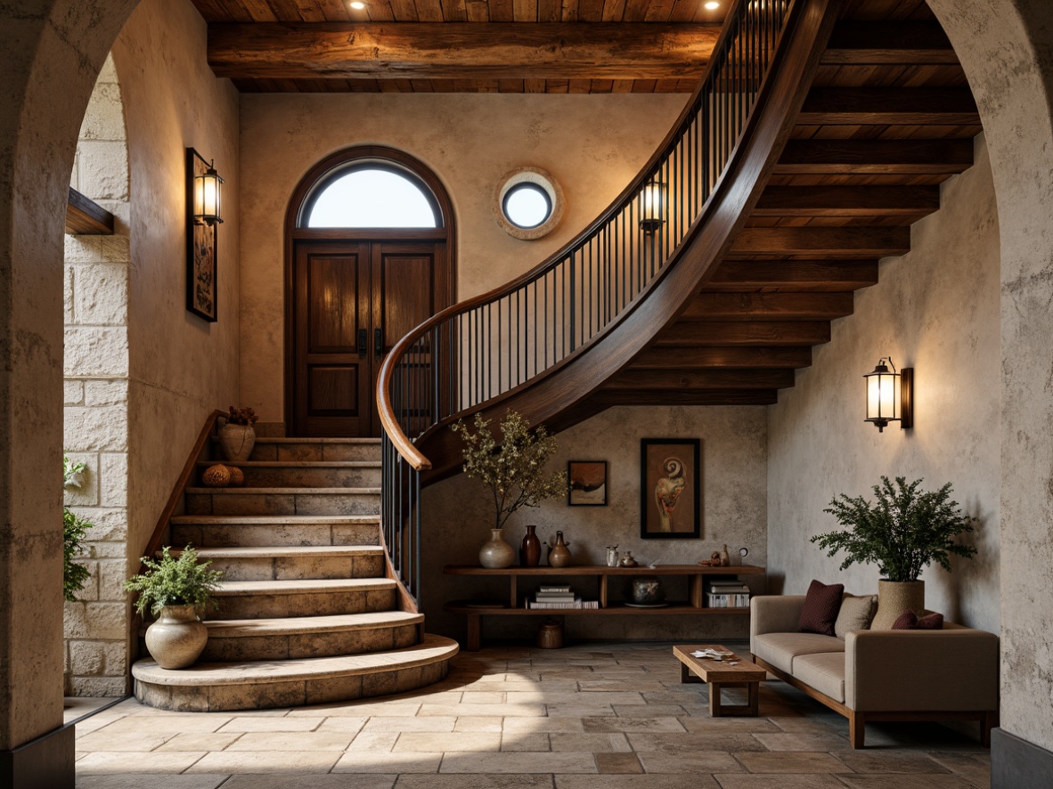 Prompt: Rustic wooden staircase, ornate handrailings, distressed metal balusters, earthy color palette, natural stone walls, reclaimed wood accents, vintage-inspired lanterns, grand entrance hall, sweeping curved lines, soft warm lighting, ambient occlusion, realistic textures, 3/4 composition, shallow depth of field, panoramic view.