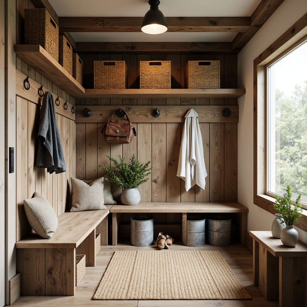 Prompt: Rustic farmhouse mudroom, reclaimed wood accents, galvanized metal bins, woven wicker baskets, natural jute rugs, earthy color palette, rustic wooden benches, functional storage cubbies, vintage-inspired metal hooks, distressed wooden shelves, modern industrial lighting, soft warm glow, shallow depth of field, 1/1 composition, realistic textures, ambient occlusion.