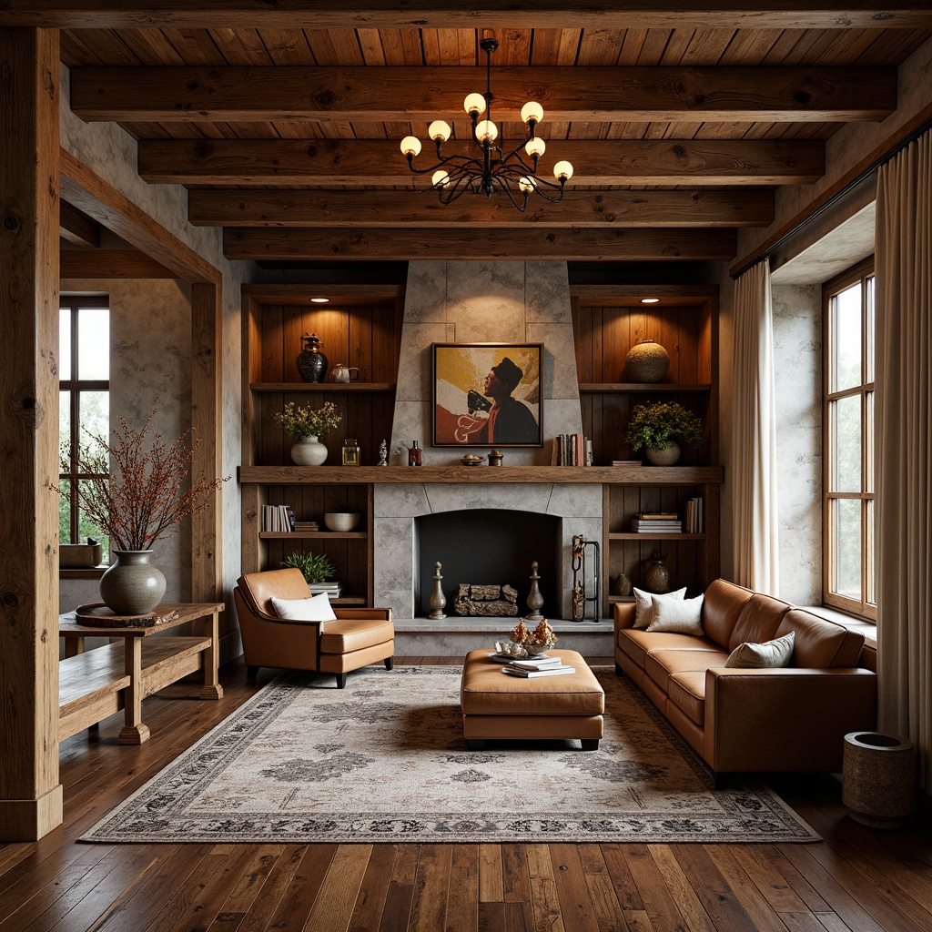 Prompt: Rustic wooden accents, distressed finishes, earthy color palette, vintage hardware, ornate moldings, classic furniture pieces, plush area rugs, warm ambient lighting, natural stone fireplaces, exposed beams, wooden ceiling panels, rich leathers, woven textiles, traditional patterns, soft warm glow, shallow depth of field, 2/3 composition, realistic textures, ambient occlusion.