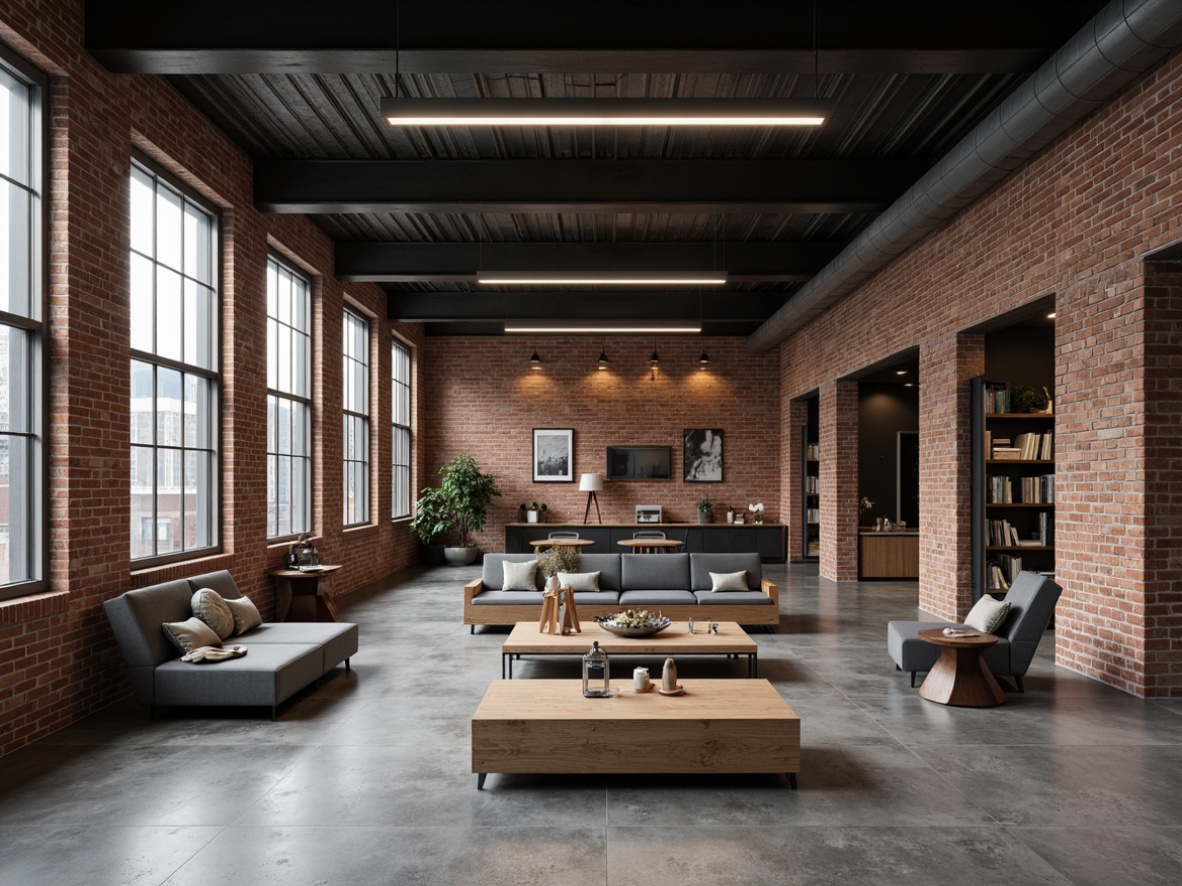 Prompt: Exposed brick walls, metal beams, concrete floors, industrial-style lighting fixtures, reclaimed wood accents, minimalist decor, urban loft atmosphere, distressed finishes, functional furniture, metallic tones, utilitarian aesthetic, raw materials, monochromatic color scheme, low-key ambiance, dramatic shadows, bold architectural elements, warehouse-inspired design, functional simplicity.