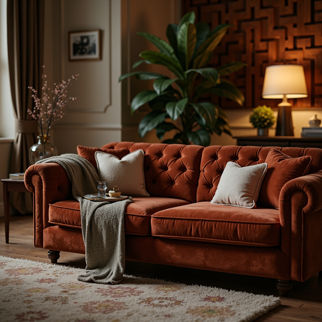 Prompt: Luxurious living room, plush velvet sofa, soft cushioning, rich wood accents, elegant tufted upholstery, subtle sheen, comfortable seating, cozy atmosphere, warm ambient lighting, 3/4 composition, shallow depth of field, realistic textures.