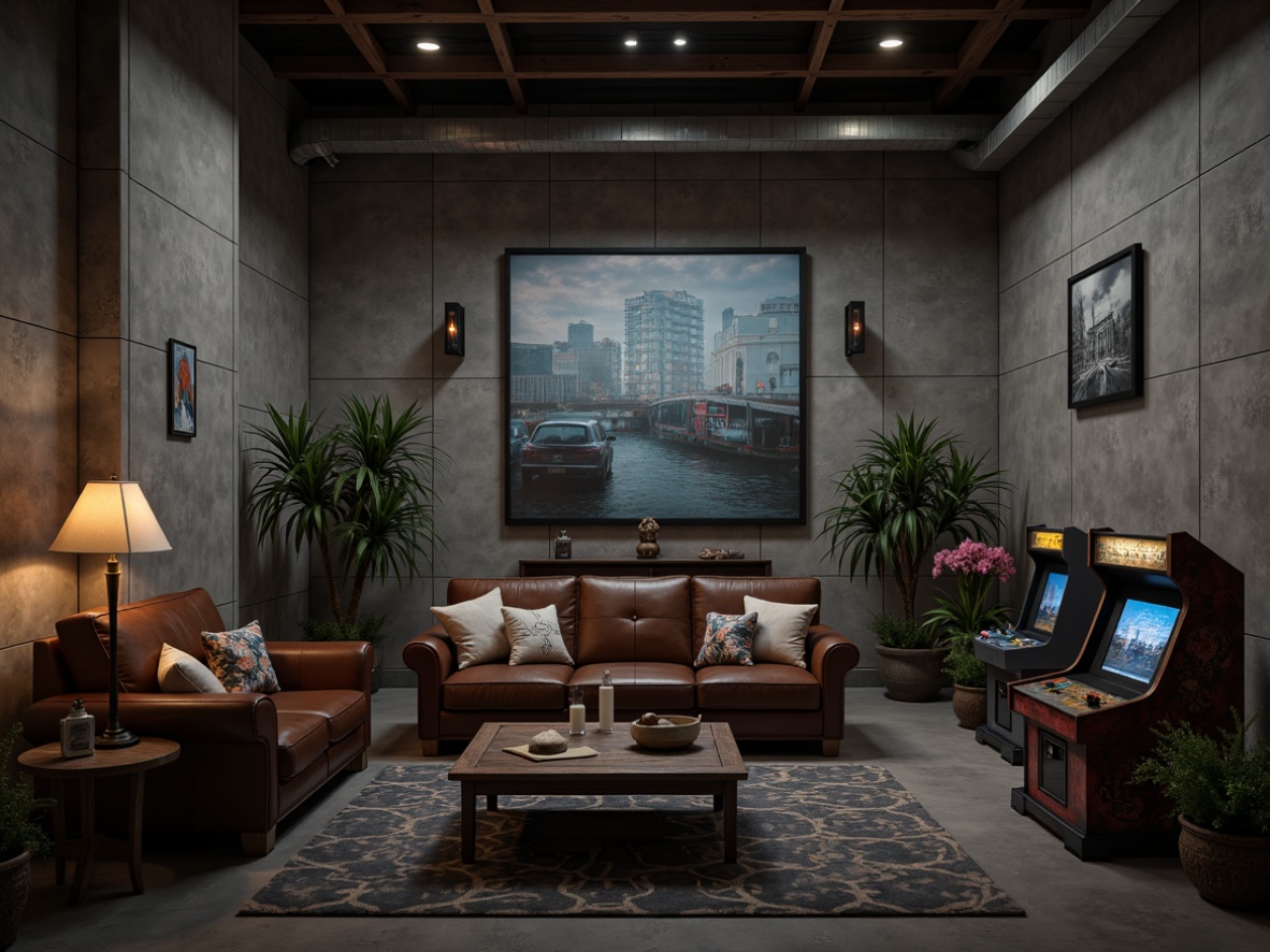 Prompt: Rustic game room, brutalist architecture, concrete walls, industrial pipes, exposed ductwork, minimal decor, functional furniture, low-poly textures, cold color palette, dim ambient lighting, dramatic shadows, angular shapes, distressed wood accents, metal frames, vintage gaming consoles, retro arcade machines, worn leather sofas, reclaimed wood coffee tables, industrial-style lamps, gritty urban atmosphere, cinematic camera angles, high-contrast rendering.