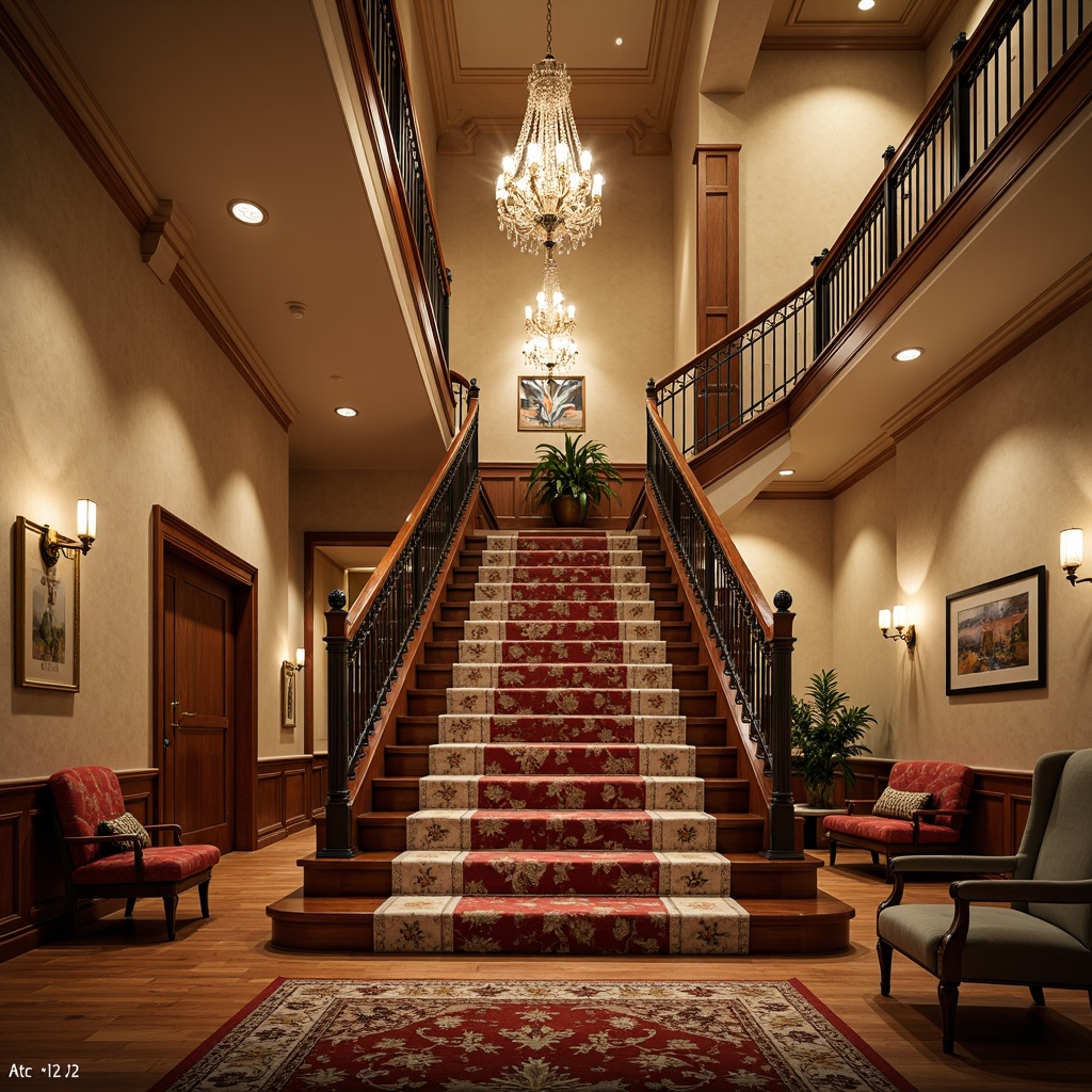 Prompt: Grand staircase, ornate handrail, polished wood steps, luxurious carpeting, elegant banister, crystal chandelier, high ceiling, dramatic lighting, warm beige walls, classic interior design, sophisticated atmosphere, inviting seating area, plush velvet furniture, richly patterned rugs, subtle texture contrast, shallow depth of field, 1/2 composition, soft warm glow, realistic rendering.