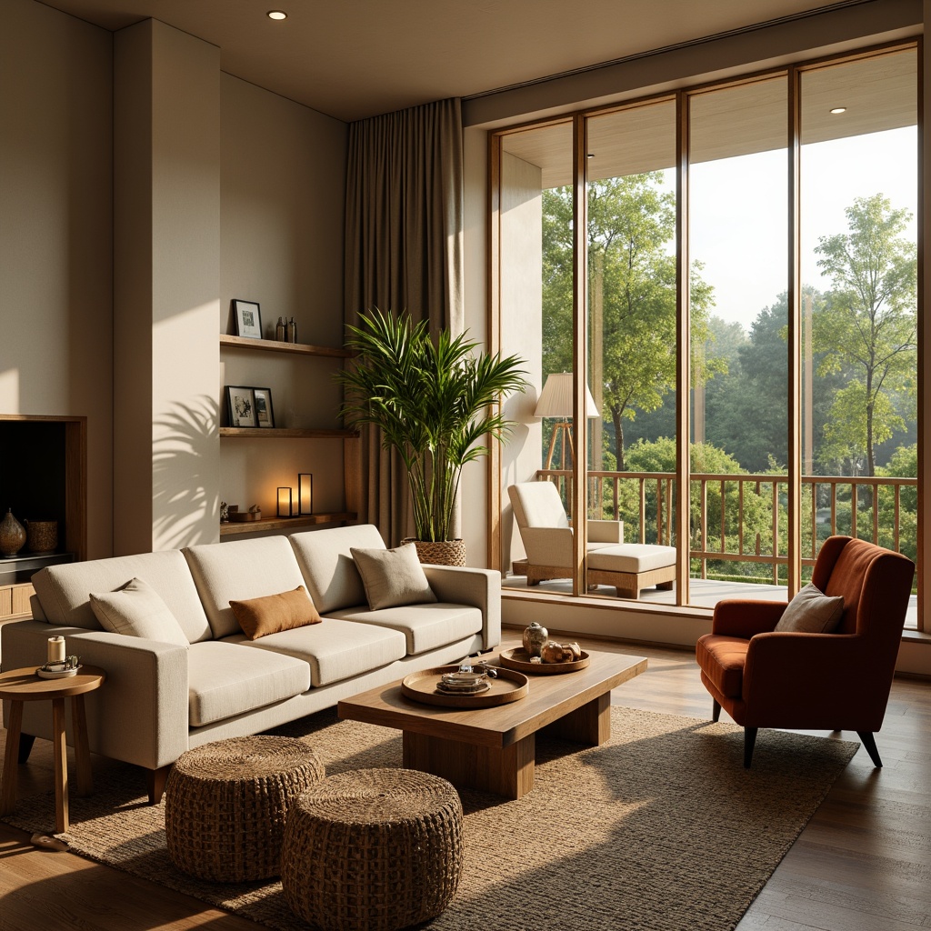 Prompt: Cozy living room, plush sofas, velvet armchairs, reclaimed wood coffee tables, woven baskets, natural fiber rugs, warm beige walls, soft golden lighting, floor-to-ceiling windows, lush greenery views, minimalist decor, Scandinavian-inspired design, comfortable Ottomans, elegant side tables, ambient candlelight, 1/2 composition, shallow depth of field, realistic textures.