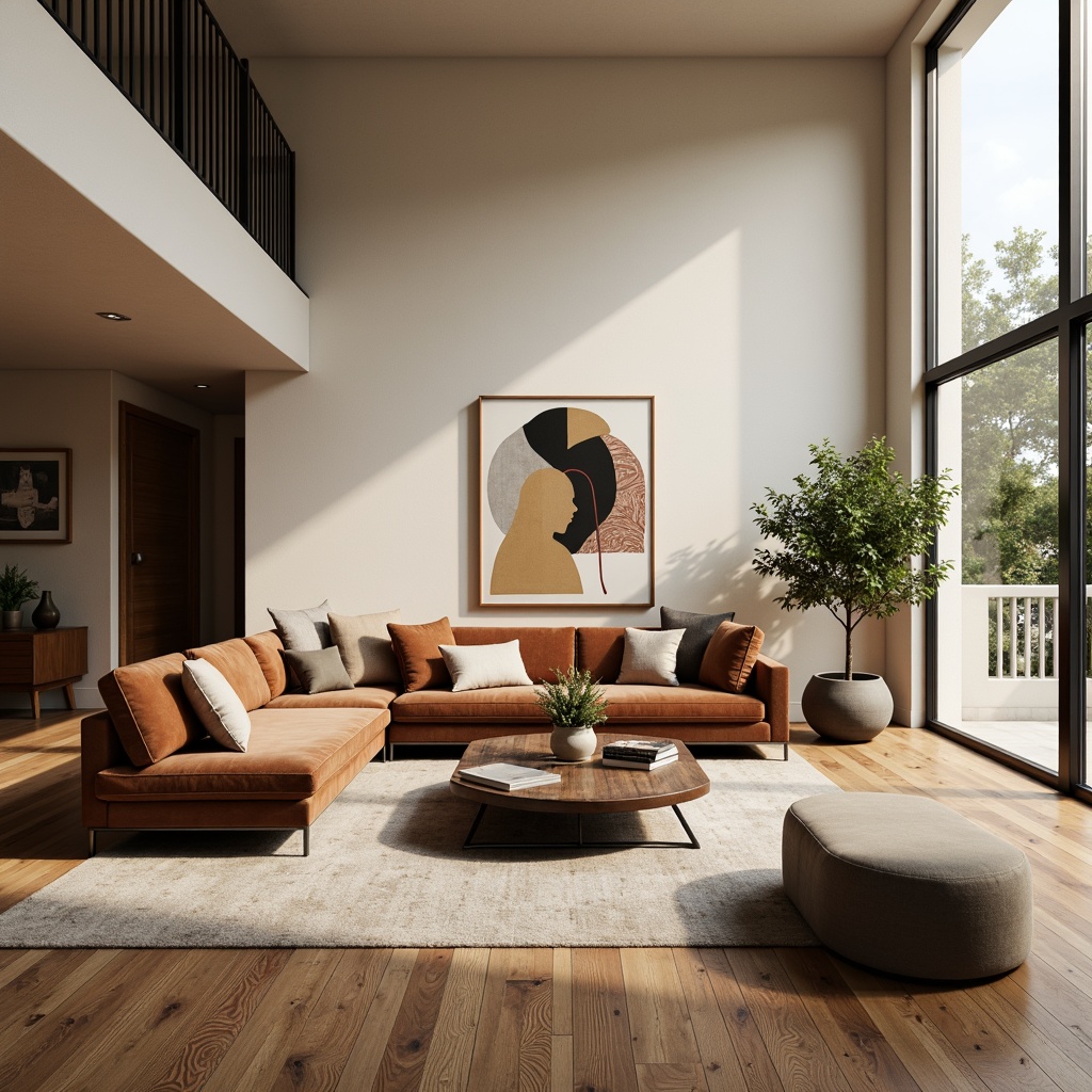 Prompt: Modern living room, neutral beige walls, rich walnut wood flooring, comfortable velvet sofas, abstract art pieces, floor-to-ceiling windows, natural light pouring in, soft warm ambiance, 1/1 composition, realistic textures, ambient occlusion.