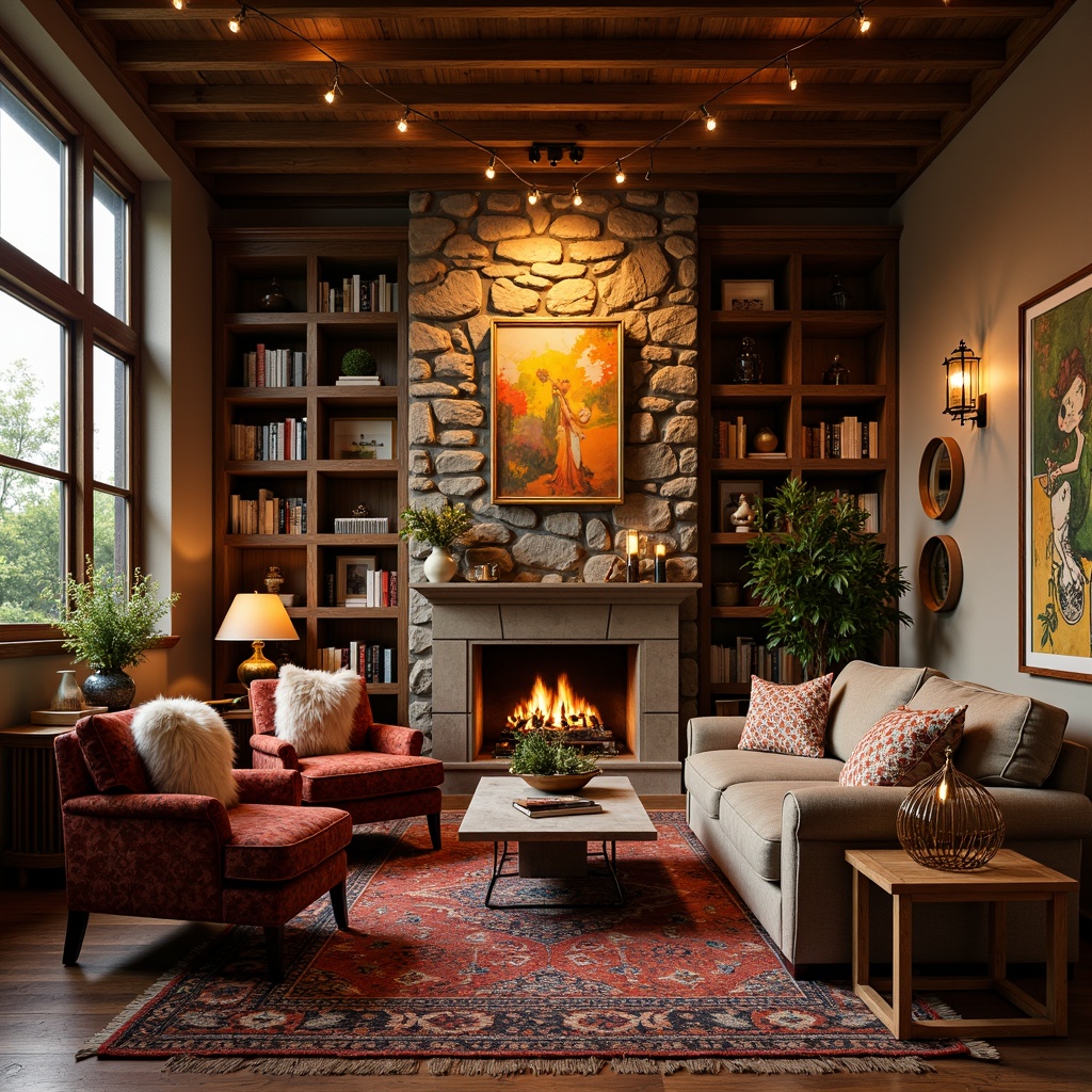 Prompt: Cozy family room, eclectic style, warm golden lighting, table lamps, floor lamps, string lights, lanterns, mix-matched furniture, plush sofas, velvet armchairs, wooden coffee tables, colorful rugs, vibrant artwork, patterned throw pillows, natural stone fireplace, wooden wall shelves, built-in bookcases, soft warm glow, shallow depth of field, 1/1 composition, realistic textures, ambient occlusion.