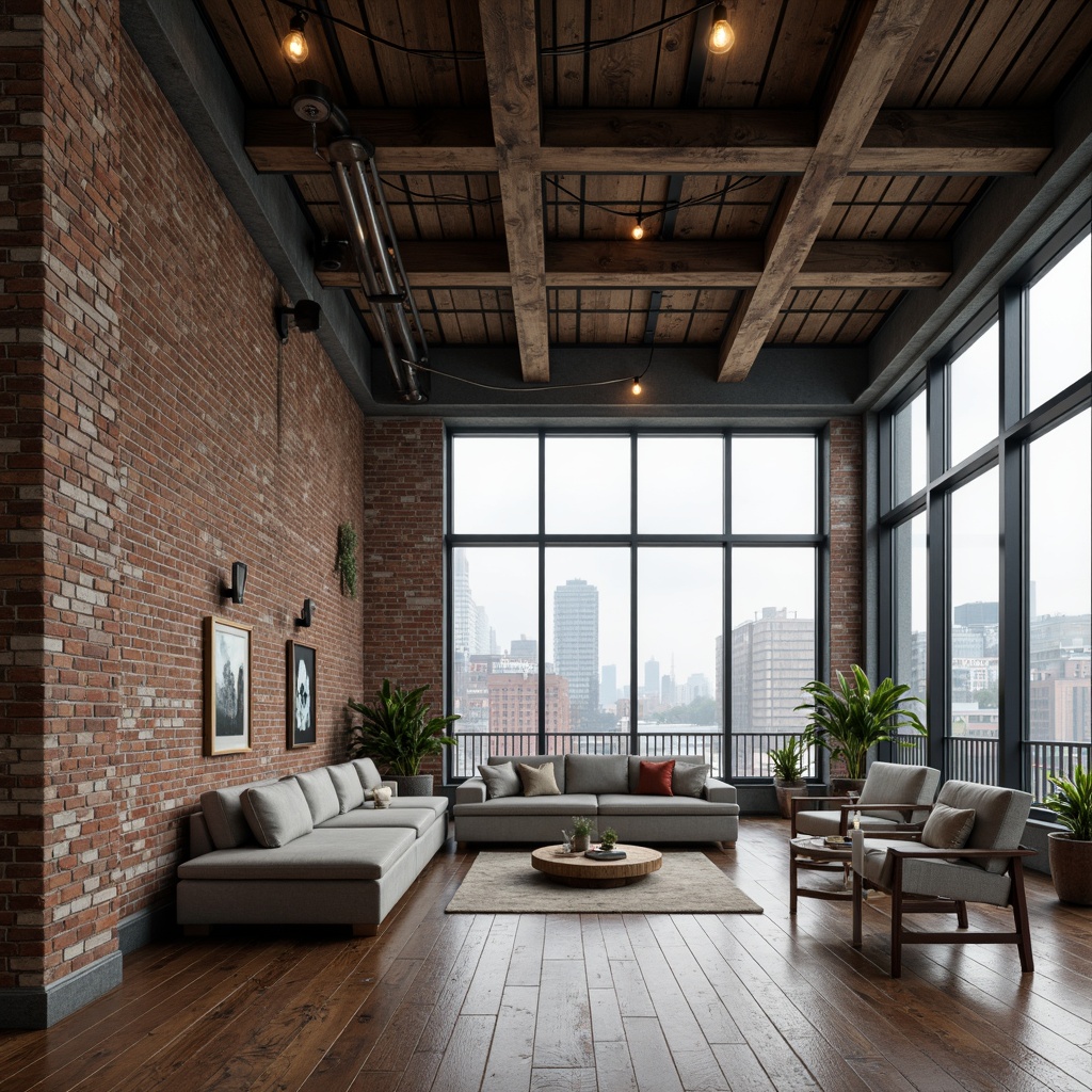 Prompt: Exposed brick walls, distressed wood accents, industrial metal beams, reclaimed wooden floors, urban cityscape views, neutral beige tones, rich charcoal grays, warm earthy browns, deep blue undertones, rustic metal fixtures, Edison bulb lighting, minimal ornamentation, open floor plans, high ceilings, natural textures, soft diffused light, 1/1 composition, realistic renderings, atmospheric fog effects.