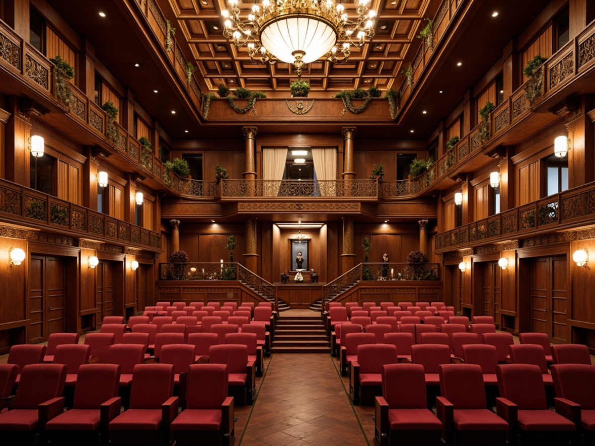 Prompt: Elegant auditorium, ornate chandeliers, rich wood paneling, plush red velvet seats, intricate carvings, golden accents, decorative moldings, classical columns, grand staircase, sweeping balconies, warm soft lighting, intimate atmosphere, precise sound reflection, optimal reverberation time, acoustic diffusers, resonant frequencies, harmonious sound waves, detailed wooden floors, luxurious fabrics, traditional architectural elements, symmetrical composition, central focal point, dramatic spotlights.