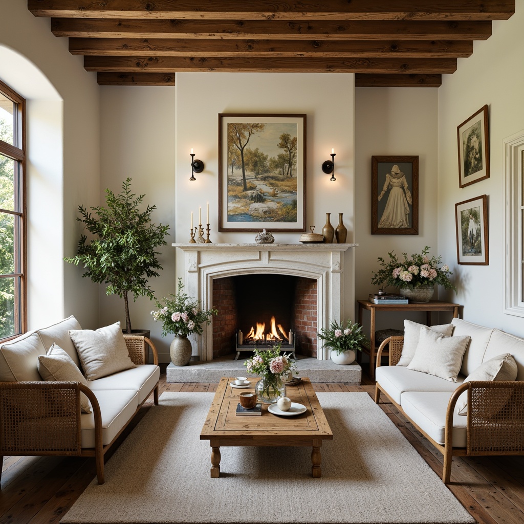 Prompt: Rustic French country home, soft creamy whites, warm beige tones, rich earthy reds, gentle blues, muted greens, distressed wood accents, vintage metal decorations, elegant stone fireplaces, lush greenery, overflowing flower arrangements, natural linen fabrics, woven rattan furniture, subtle patina effects, warm golden lighting, shallow depth of field, 2/3 composition, romantic soft focus.