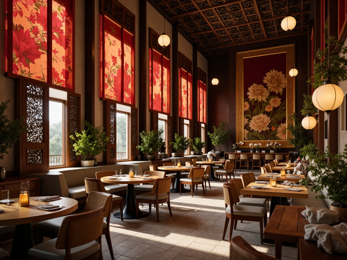 Prompt: Elegant dining hall, traditional Asian decor, intricately carved wooden panels, vibrant silk fabrics, golden lanterns, bamboo accents, ornate ceramics, delicate paper lanterns, natural stone flooring, subtle lighting effects, shallow depth of field, 1/2 composition, warm color palette, soft focus, ambient occlusion, realistic textures, luxurious atmosphere.