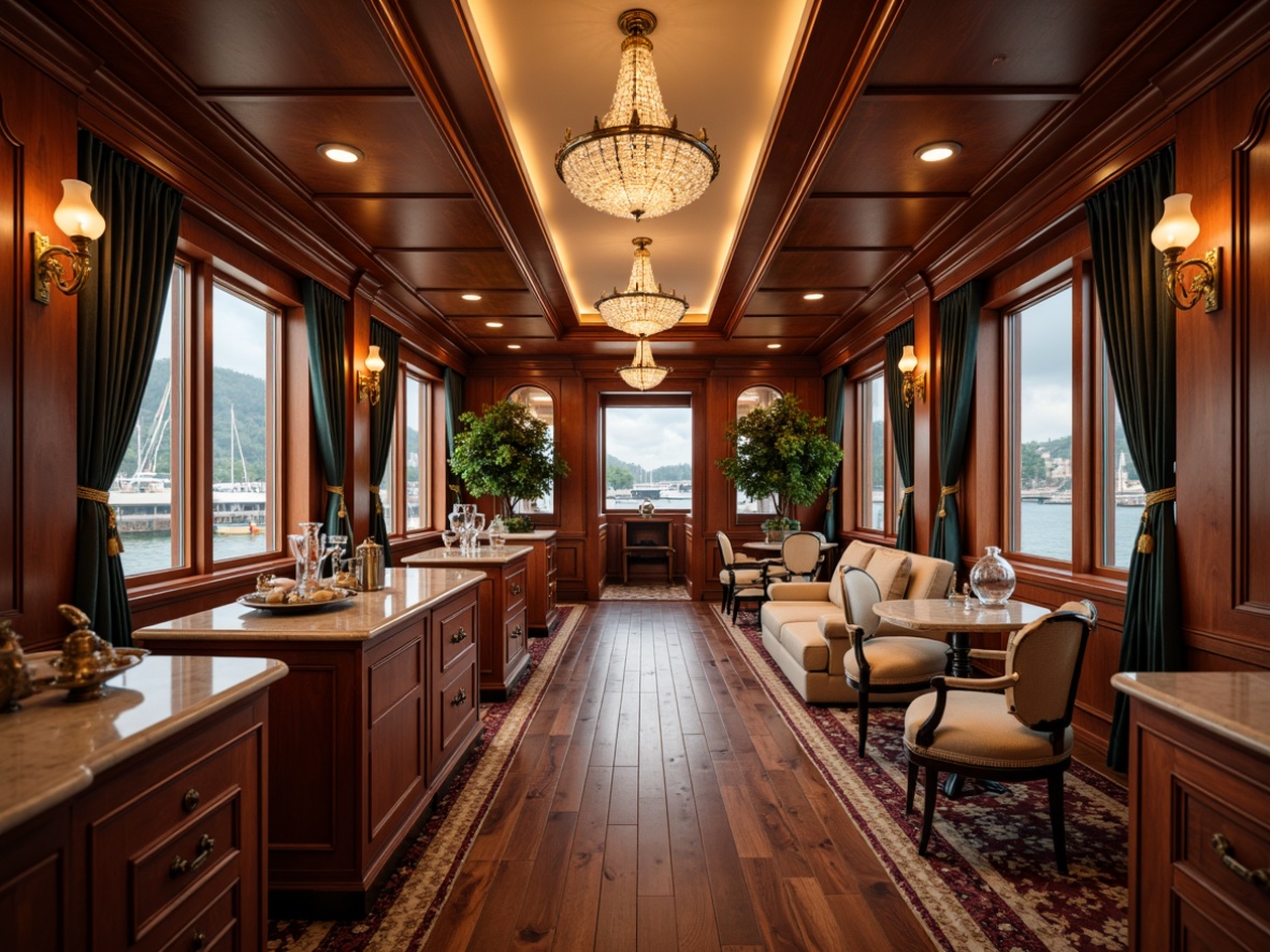 Prompt: Luxurious boathouse interior, rich wood paneling, gilded accents, ornate carvings, curved lines, intricate moldings, velvet drapes, crystal chandeliers, golden fixtures, marble countertops, lavish furnishings, plush upholstery, soft warm lighting, shallow depth of field, 1/1 composition, realistic textures, ambient occlusion.