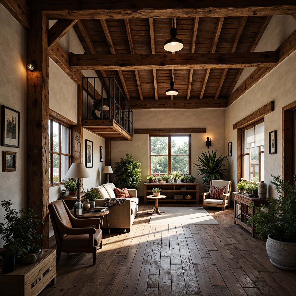 Prompt: Rustic farmhouse, exposed wooden beams, distressed metal accents, reclaimed wood floors, vintage industrial lighting, earthy color palette, natural stone walls, wooden crates, potted plants, antique farming tools, worn leather furniture, cozy throw blankets, warm softbox lighting, shallow depth of field, 1/1 composition, intimate atmosphere, realistic textures, ambient occlusion.