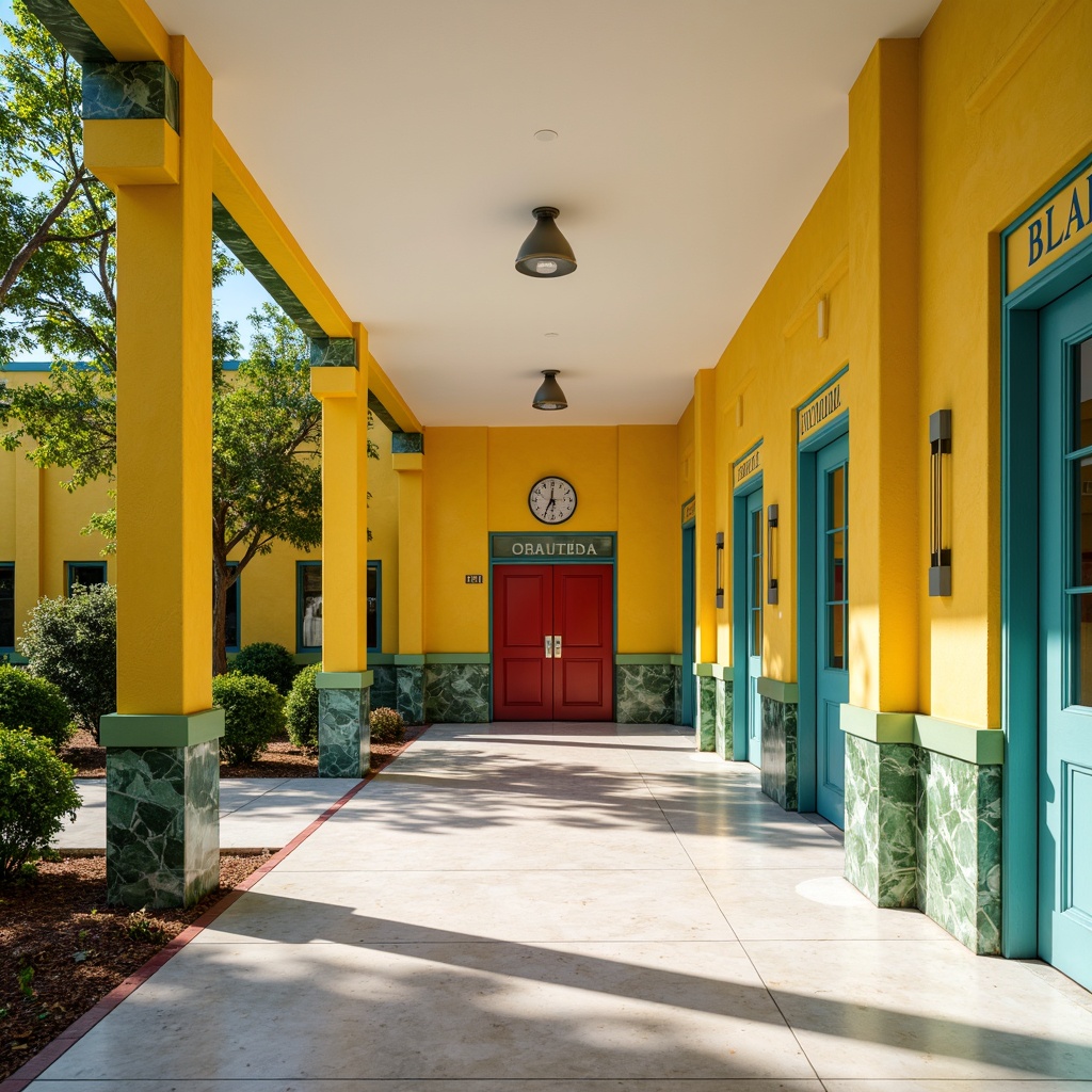 Prompt: Vibrant elementary school, art deco architecture, bold color palette, bright yellow walls, sky blue accents, fiery red doors, lime green columns, ornate geometric patterns, metallic silver trim, creamy white marble floors, stylized typography, decorative borders, sunny day, soft warm lighting, shallow depth of field, 3/4 composition, panoramic view, realistic textures, ambient occlusion.