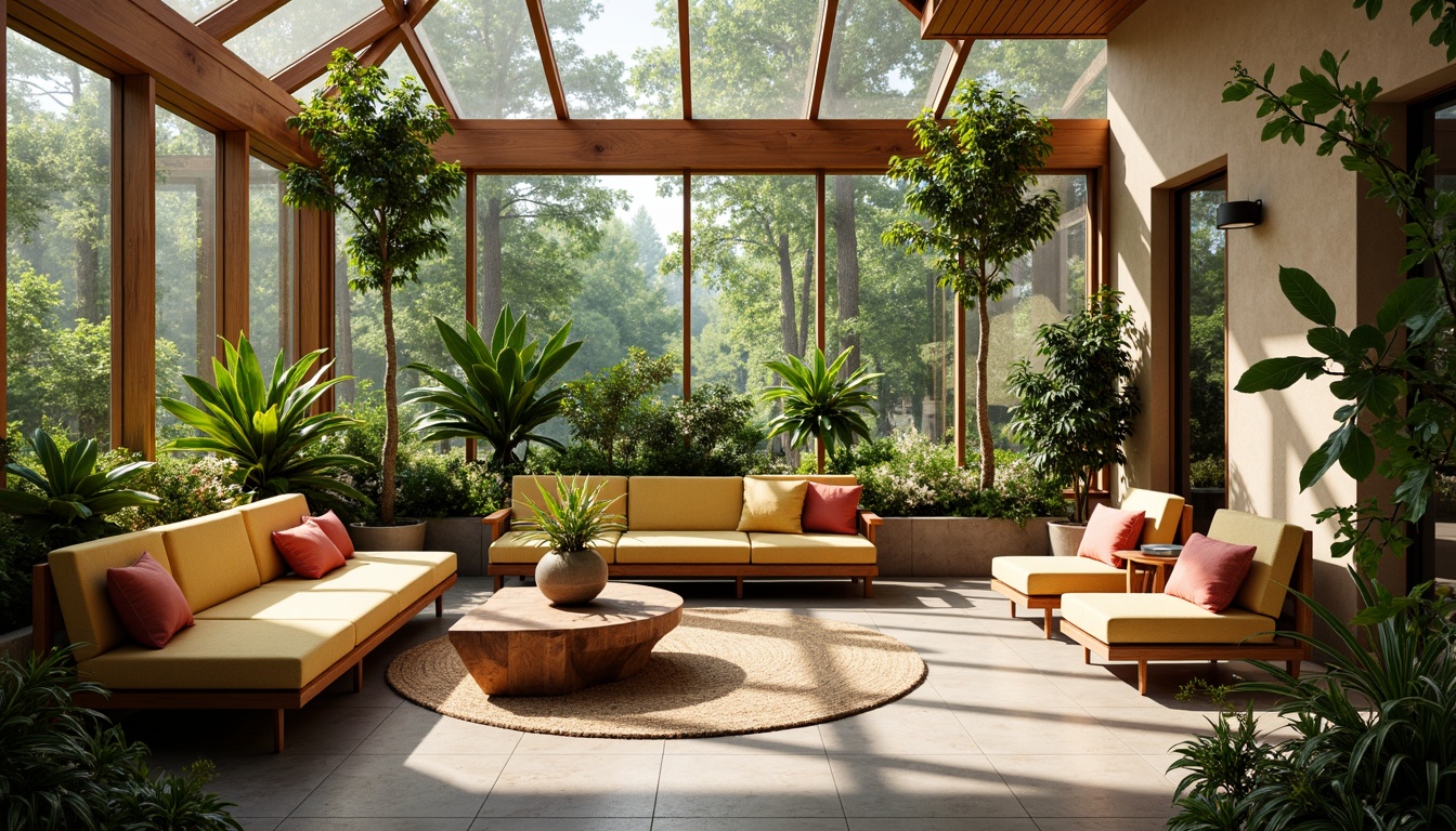 Prompt: Vibrant sunroom interior, expressive color palette, eclectic furniture arrangement, lush greenery, exotic plants, natural stone flooring, wooden accents, modern minimalist decor, floor-to-ceiling windows, sliding glass doors, abundant natural light, warm cozy atmosphere, soft diffused lighting, shallow depth of field, 1/1 composition, intimate perspective, realistic textures, ambient occlusion.