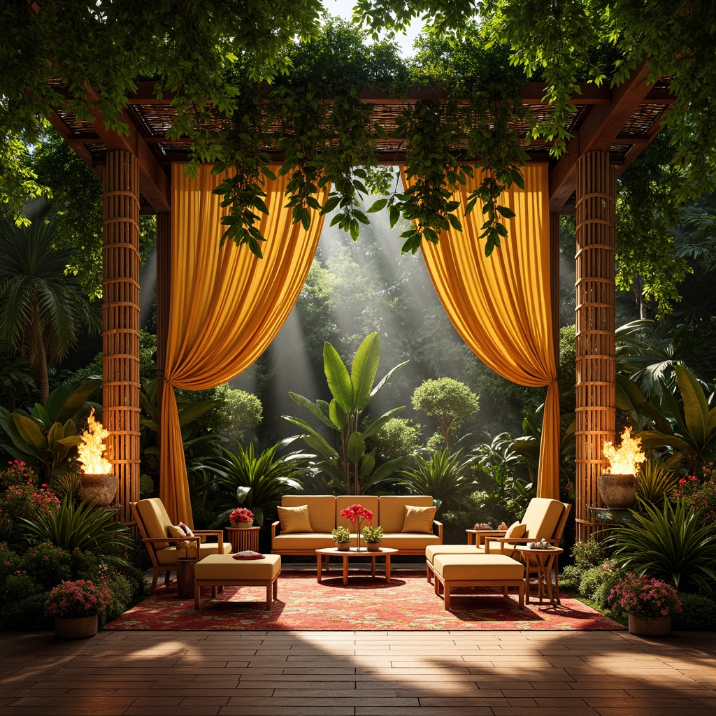 Prompt: Vibrant tropical stage, lush green foliage, exotic flowers, natural wood accents, woven bamboo textures, rattan furniture, colorful tiki torches, warm soft lighting, misty atmosphere, shallow depth of field, 3/4 composition, panoramic view, realistic shadows, ambient occlusion, golden curtains, rich velvet fabrics, intricate tribal patterns, Hawaiian-inspired motifs.