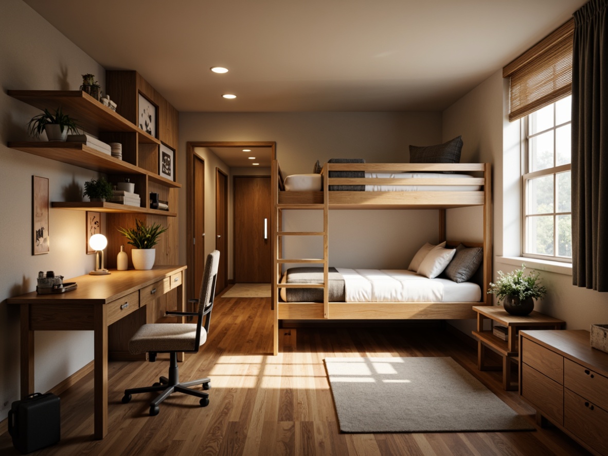 Prompt: Cozy dorm room, wooden desk, ergonomic chair, bookshelves, comfortable bedding, soft cushions, warm lighting, minimal decor, organized closet, compact refrigerator, microwave oven, shared bathroom, natural wood flooring, earthy color scheme, calm atmosphere, 1/1 composition, shallow depth of field, realistic textures.