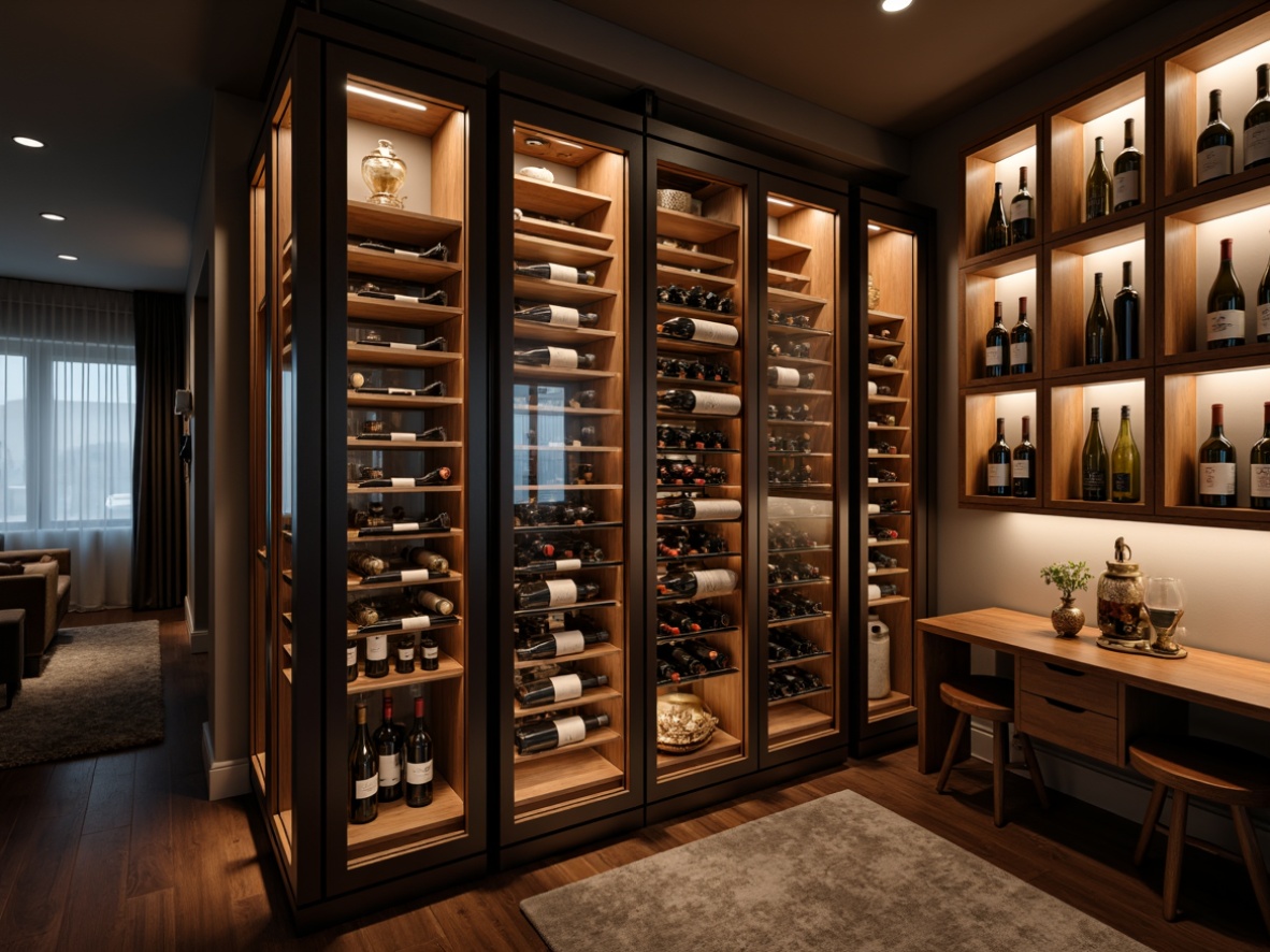 Prompt: Compact wine cellar, modern minimalist design, sleek metal wine racks, glass shelves, ambient LED lighting, rich wood accents, sophisticated storage solutions, space-saving vertical installation, elegant curves, polished chrome finishes, premium leather upholstery, intimate cozy atmosphere, soft warm glow, shallow depth of field, 1/1 composition, realistic textures, ambient occlusion.