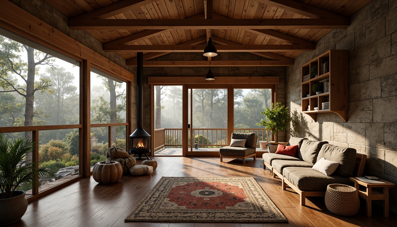 Prompt: Rustic wooden cabins, natural stone walls, earthy color palette, distressed wood textures, vintage metal accents, cozy interior ambiance, soft warm lighting, plush furnishings, woven textiles, botanical patterns, forest surroundings, misty morning atmosphere, shallow depth of field, 1/1 composition, realistic materials, ambient occlusion.