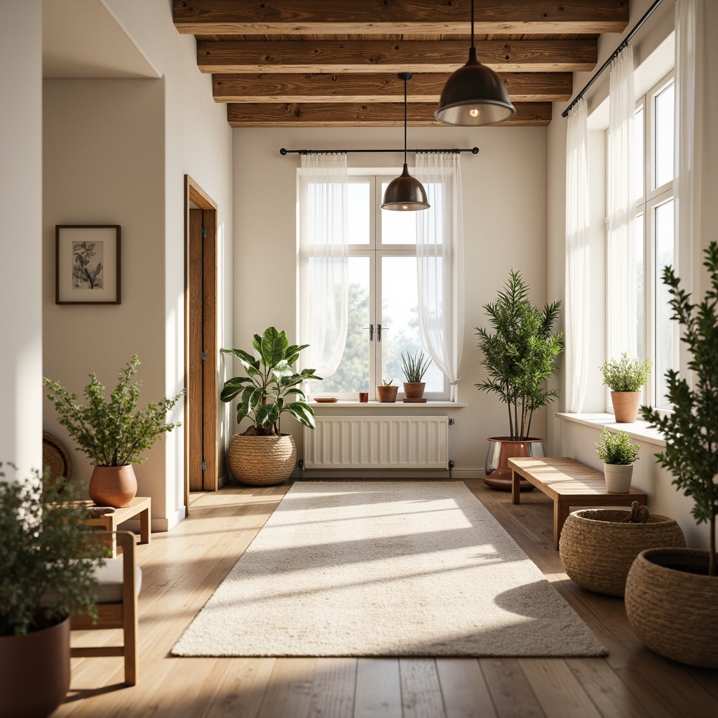 Prompt: Cozy Scandinavian style hallway, soft warm lighting, minimalist decor, pale wood flooring, cream-colored walls, modern pendant lights, industrial metal fixtures, natural fiber rugs, woven baskets, greenery plants, floor-to-ceiling windows, sheer white curtains, subtle shadows, 1/1 composition, softbox lighting, ambient occlusion.