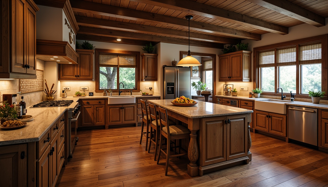 Prompt: Warm traditional kitchen, hardwood flooring, rich wood tones, classic cabinetry, ornate metal hardware, soft warm lighting, cozy atmosphere, rustic wooden beams, stone countertops, earthy color palette, natural textures, organic patterns, distressed finishes, vintage-inspired decor, farmhouse sink, apron-front cabinets, decorative tile backsplashes, traditional kitchen island, pendant lighting fixtures, 3/4 composition, shallow depth of field, realistic textures.