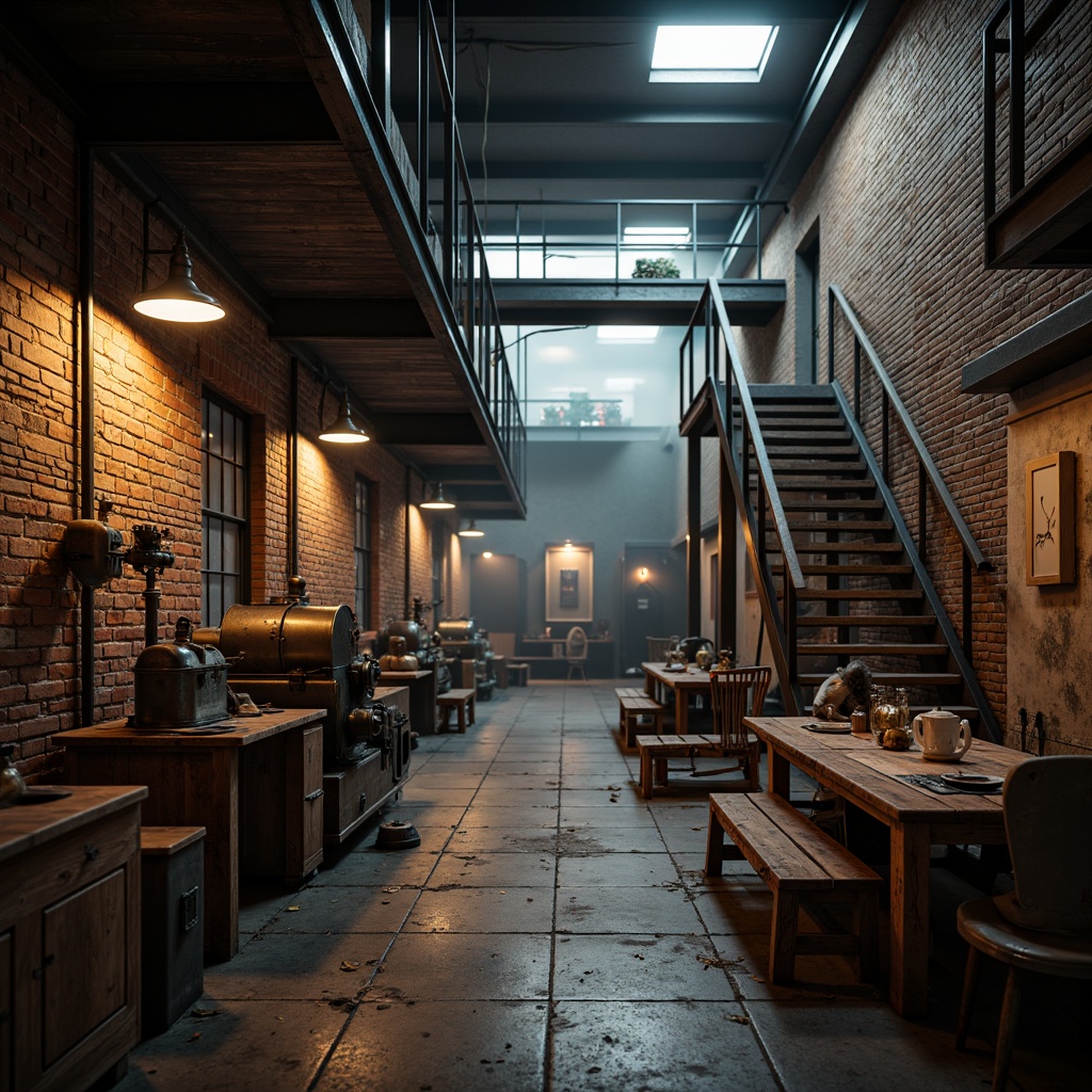 Prompt: Rustic industrial setting, exposed brick walls, steel beams, concrete floors, metal pipes, vintage machinery, distressed wood accents, functional metal staircases, utilitarian lighting fixtures, raw unpolished textures, urban decay atmosphere, dim warm lighting, shallow depth of field, 1/1 composition, cinematic view, high-contrast rendering, atmospheric fog effects.