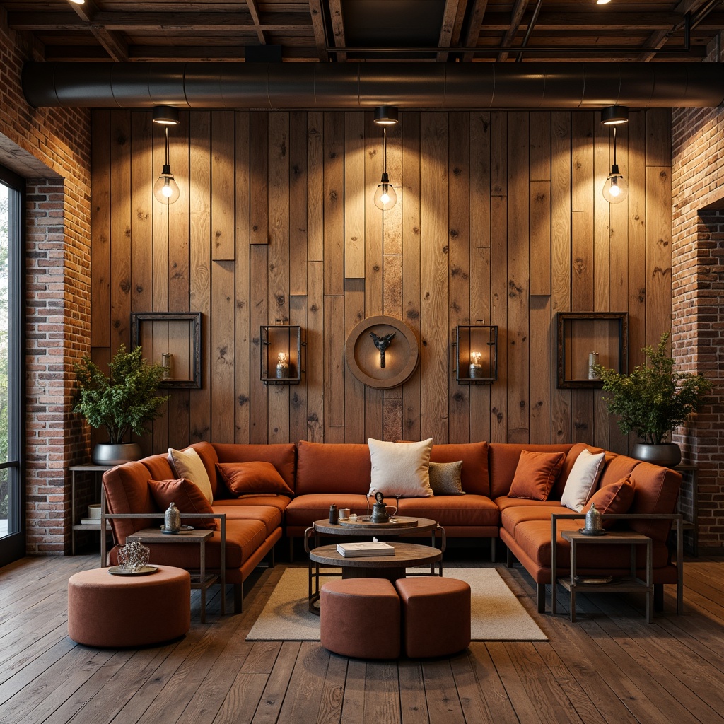 Prompt: Rich wood tones, reclaimed wooden planks, distressed metal frames, vintage industrial lighting, comfortable velvet sofas, rustic wooden stools, decorative metal accents, earthy color palette, natural stone walls, exposed brick surfaces, warm ambient lighting, shallow depth of field, 3/4 composition, realistic textures, ambient occlusion.