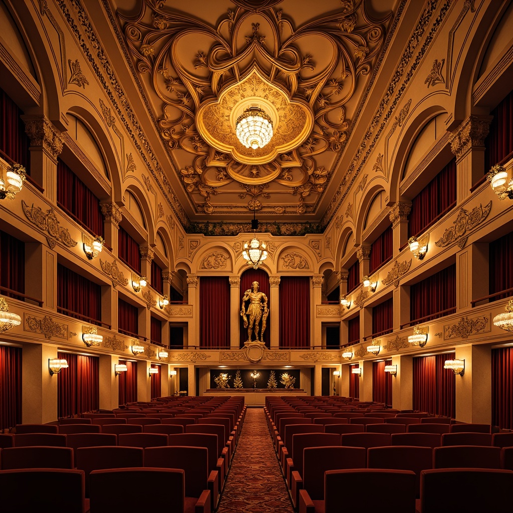 Prompt: Ornate Art Nouveau auditorium, intricately carved wooden panels, velvet curtains, gilded details, sculpted plaster ceilings, ornamental moldings, curved lines, flowing organic shapes, warm golden lighting, rich textiles, acoustic diffusers, sound-absorbing materials, undulating walls, tiered seating, balconies, grand chandeliers, luxurious upholstery, soft warm ambiance, shallow depth of field, 1/2 composition, atmospheric perspective, realistic reflections, subtle color grading.