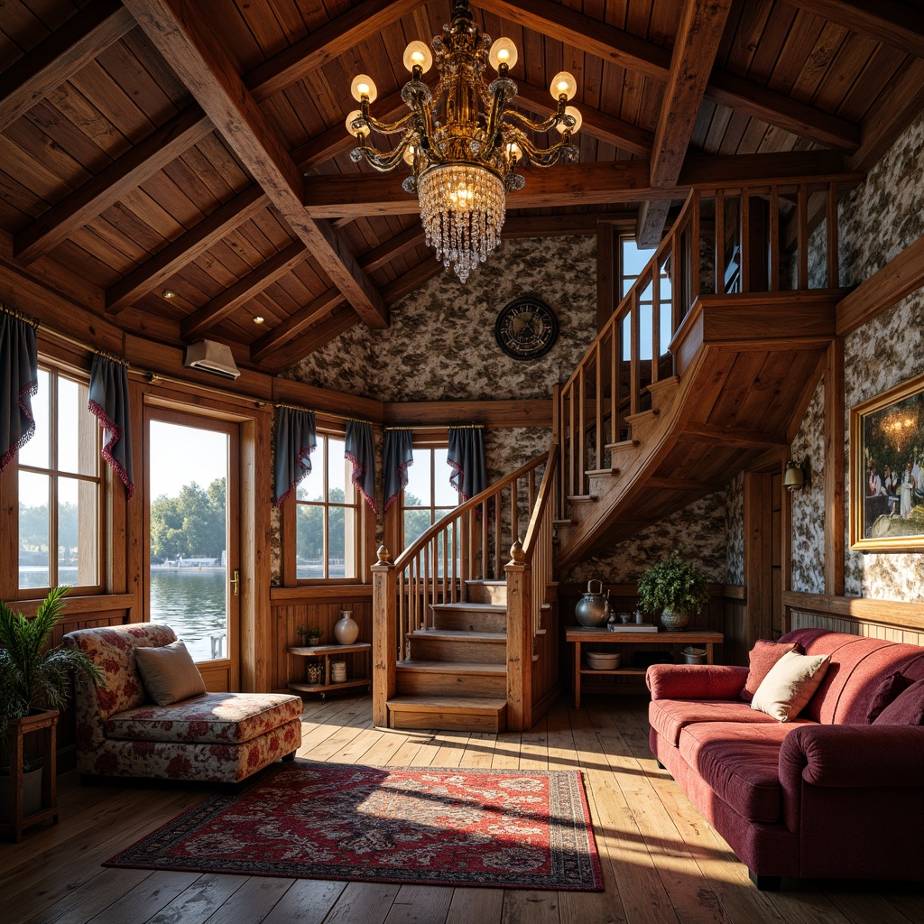 Prompt: Rustic boathouse, ornate Baroque details, distressed wooden planks, weathered stone walls, rich velvet fabrics, intricate carvings, gilded accents, luxurious upholstery, crystal chandeliers, lavish furnishings, grandiose staircase, opulent drapery, warm golden lighting, soft focus, shallow depth of field, 1/1 composition, realistic textures, ambient occlusion.