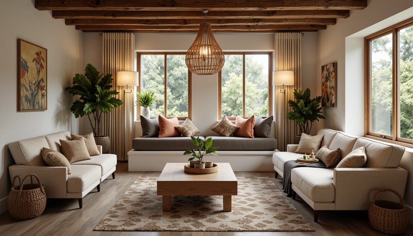 Prompt: Cozy living room, plush sofas, velvet armchairs, wooden coffee tables, woven baskets, potted plants, soft cushions, warm lighting fixtures, natural textiles, earthy color palette, comfortable sectionals, rustic wooden accents, geometric-patterned rugs, inviting window seats, floor lamps, soft pastel colors, calming ambiance, 1/1 composition, shallow depth of field, realistic textures.