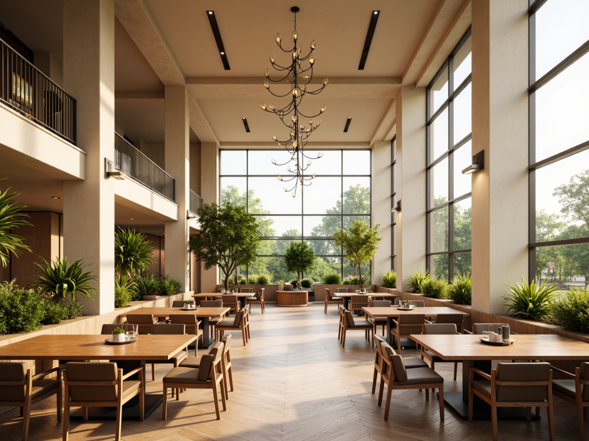 Prompt: Spacious open space dining hall, high ceilings, modern minimalist architecture, large windows, natural light pouring in, wooden flooring, elegant chandeliers, rectangular tables, comfortable chairs, vibrant greenery, potted plants, warm beige walls, creamy white columns, subtle texture patterns, soft warm lighting, shallow depth of field, 1/1 composition, realistic renderings, ambient occlusion.