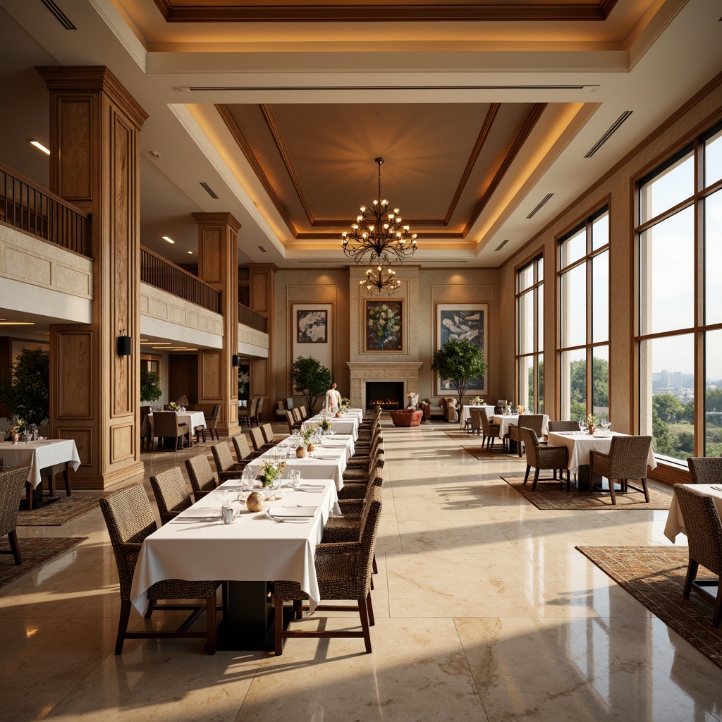 Prompt: Elegant dining hall, luxurious furnishings, rich wood accents, warm beige walls, creamy marble floors, ornate chandeliers, soft golden lighting, refined table settings, crisp white linens, sophisticated artwork, earthy tone ceramics, subtle patterned rugs, natural stone fireplaces, expansive windows, panoramic views, 1/2 composition, warm atmosphere, realistic textures.