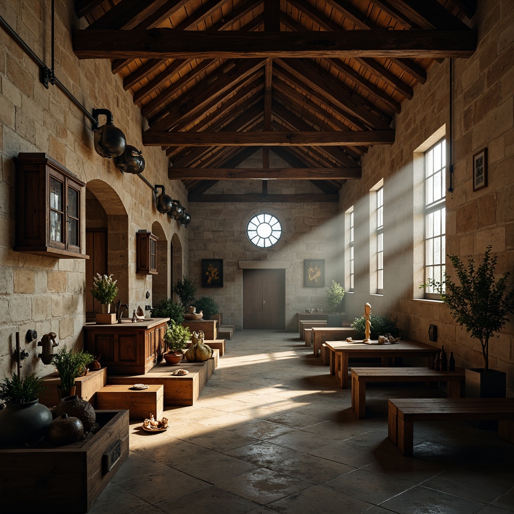 Prompt: Rustic monastery interior, exposed wooden beams, distressed stone walls, industrial metal fixtures, reclaimed wood accents, vintage spiritual artifacts, stained glass windows, dim warm lighting, atmospheric fog, shallow depth of field, 1/2 composition, cinematic view, realistic textures, ambient occlusion.