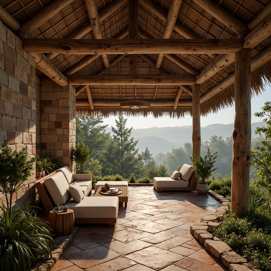 Prompt: Rustic wooden beams, natural stone walls, earthy terracotta floors, reclaimed wood accents, living green roofs, bamboo ceilings, wicker furniture, organic curves, minimalist decor, soft warm lighting, cozy ambiance, serene atmosphere, forest surroundings, misty morning, shallow depth of field, 1/1 composition, realistic textures, ambient occlusion.