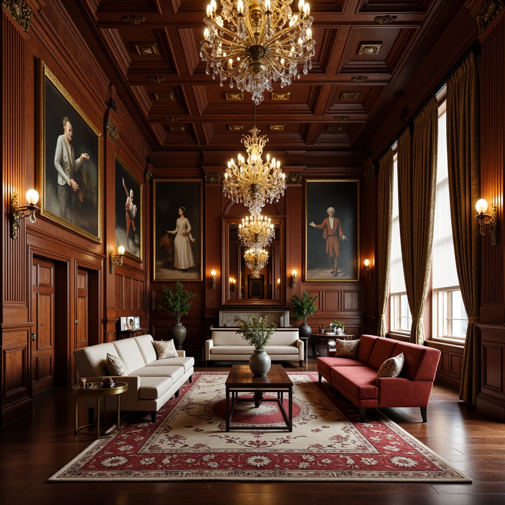 Prompt: Rich wood tones, ornate carvings, plush velvet fabrics, golden accents, crystal chandeliers, grand pianos, comfortable sofas, antique vases, intricate moldings, high ceilings, wooden floors, classic oil paintings, dramatic drapery, soft warm lighting, shallow depth of field, 1/1 composition, realistic textures, ambient occlusion.