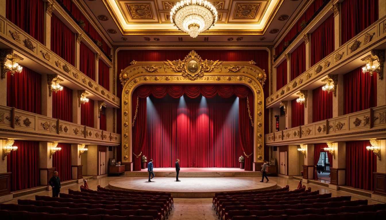 Prompt: Grand opera house, lavish red velvet curtains, ornate golden ornaments, crystal chandeliers, marble floors, opulent balconies, intricate moldings, rich jewel-toned walls, majestic staircases, dramatic spotlights, warm golden lighting, 1/2 composition, cinematic atmosphere, realistic textures, ambient occlusion.