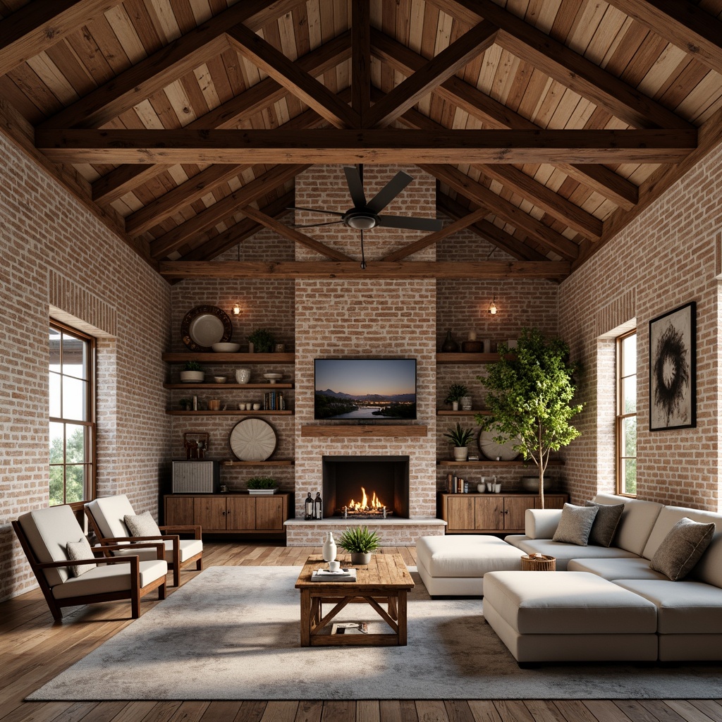 Prompt: Rustic farmhouse interior, exposed brick walls, wooden beams, industrial metal accents, reclaimed wood floors, vintage farm tools, natural stone fireplaces, cozy plush furnishings, earthy color palette, warm soft lighting, shallow depth of field, 1/2 composition, realistic textures, ambient occlusion, open-plan living area, minimalist decor, functional workspaces, modern farmhouse fusion.