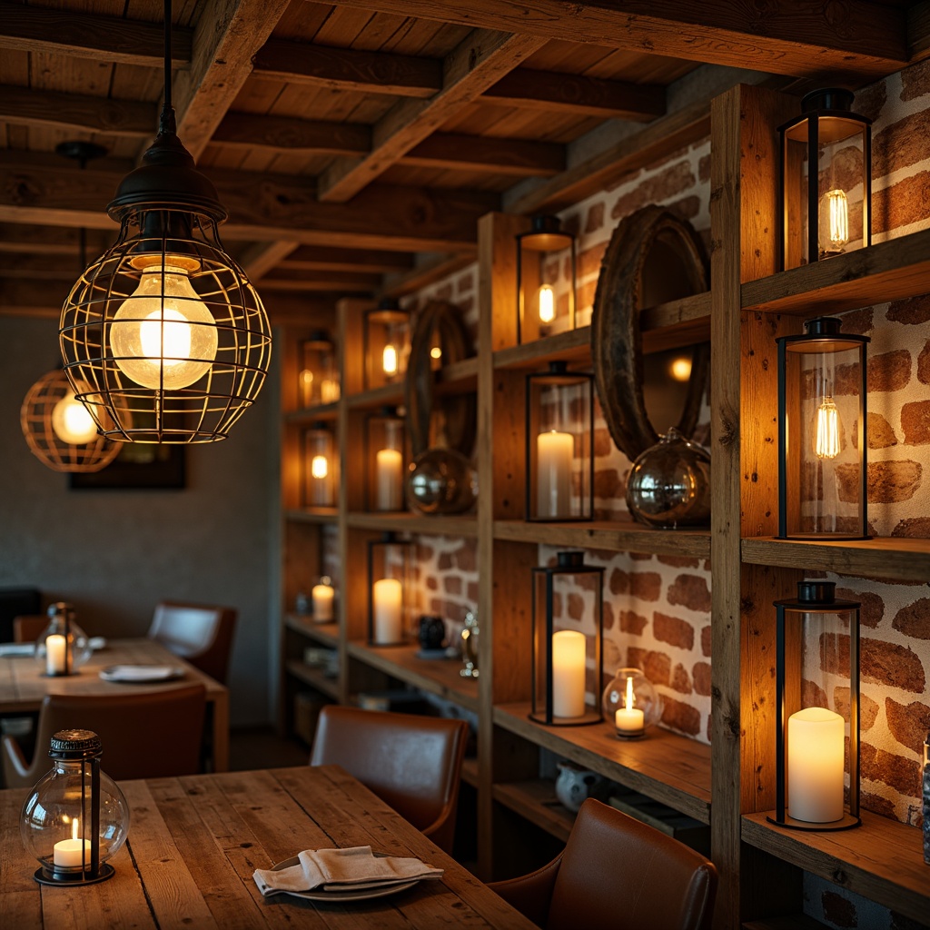 Prompt: Rustic wooden beams, distressed finishes, vintage metal lanterns, Edison bulb pendants, candles in mercury glass holders, reclaimed wood shelves, earthy tone color palette, natural stone walls, exposed brick ceilings, cozy cabin atmosphere, warm golden lighting, softbox lighting effects, 1/2 composition, shallow depth of field, realistic textures, ambient occlusion.