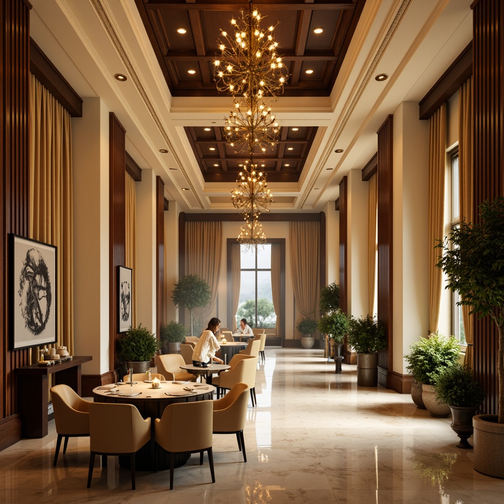 Prompt: Elegant dining hall, warm golden lighting, rich wood tones, cream-colored walls, ornate chandeliers, luxurious velvet drapes, marble flooring, soft beige upholstery, refined metal accents, sophisticated black and white artwork, lavish greenery, subtle sheen, atmospheric mist, 1/2 composition, intimate setting, cozy ambiance, inviting textures.