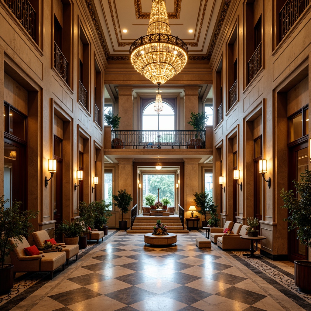 Prompt: Luxurious hotel lobby, high ceilings, ornate chandeliers, marble flooring, intricate patterns, inlaid wood details, elegant columns, neoclassical architecture, grand staircase, lavish furnishings, rich textiles, subtle lighting, warm color palette, herringbone hardwood floors, polished stone surfaces, sophisticated ambiance, refined decor, classical proportions, symmetrical compositions, shallow depth of field, 1/2 composition, softbox lighting, high-dynamic-range imaging.