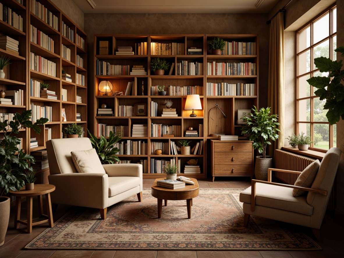 Prompt: Cozy bookstore interior, warm wooden shelves, soft beige walls, comfortable reading nooks, plush armchairs, floor lamps, vintage book collections, earthy tone rugs, natural stone floors, calming greenery, gentle warm lighting, shallow depth of field, 1/1 composition, intimate atmosphere, realistic textures, ambient occlusion.