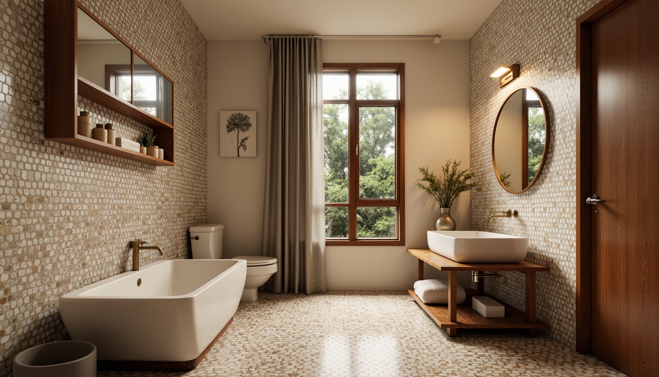 Prompt: Mid-century modern powder room, hexagonal tiles, geometric patterns, Terrazzo flooring, earthy tones, retro-inspired accessories, minimalist design, sleek lines, natural materials, reclaimed wood accents, vintage fixtures, warm ambient lighting, 1/2 composition, soft focus, subtle textures, realistic reflections.